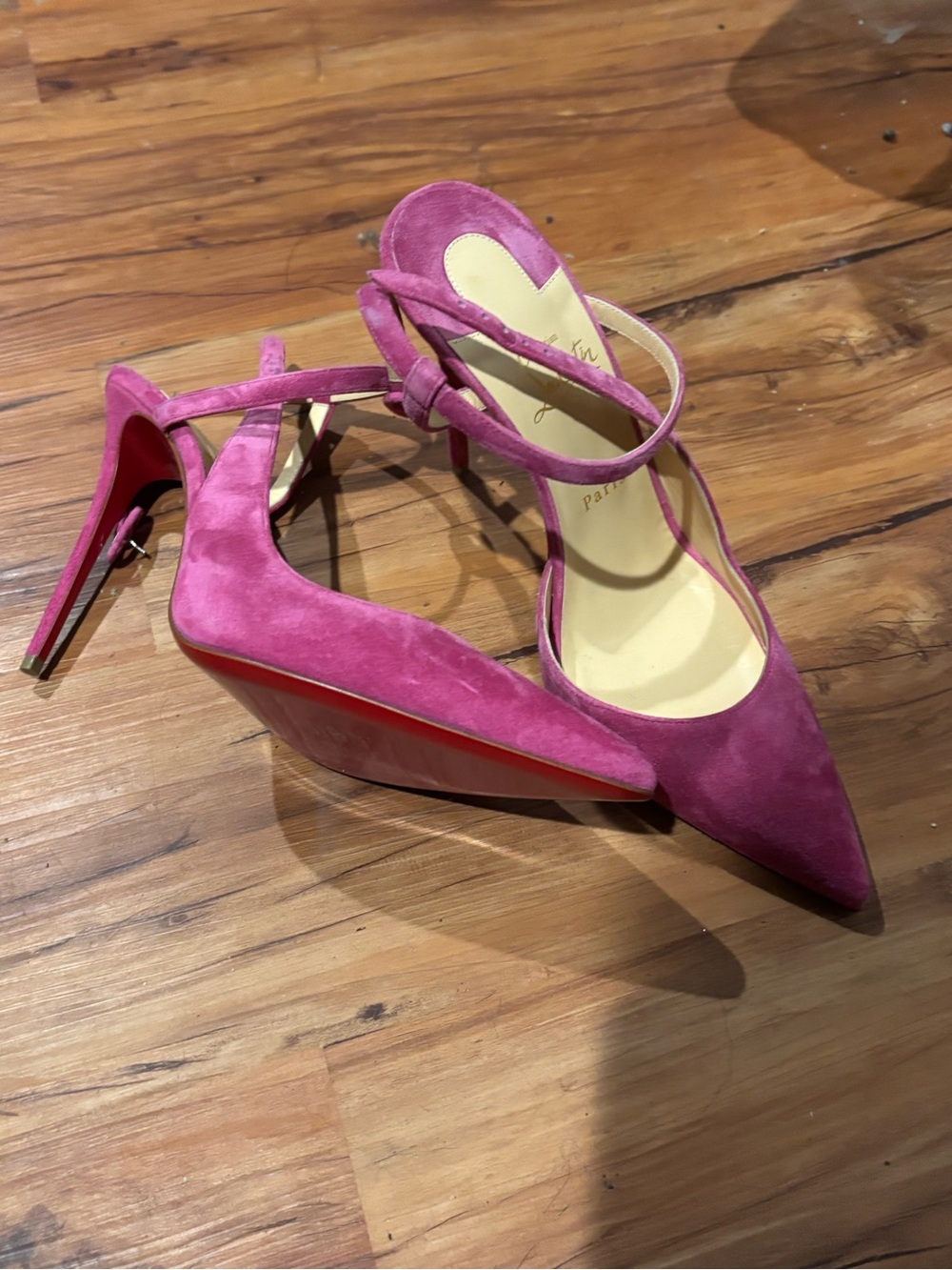 Christian Louboutin Suede Pointed-Toe Ankle-Strap Heels in Magenta (EU41) - Picture 2 of 3